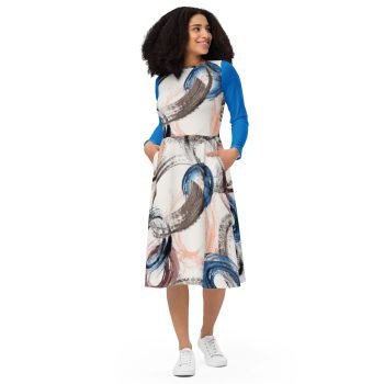 Blue and Gray Pattern Print long sleeve midi dress